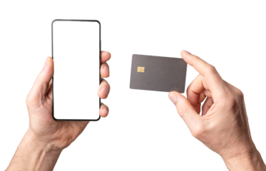 Mobile phone mock-up and bank credit card mockup in male hand isolated on white background