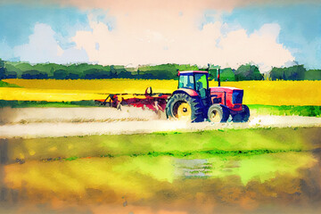 Fototapeta premium Tractor is riding along the field and fertilizing it. Generative Ai