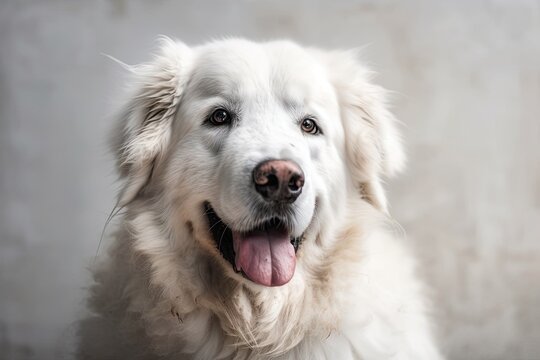 White Kuvasz is smiling in front of a white wall. Generative AI