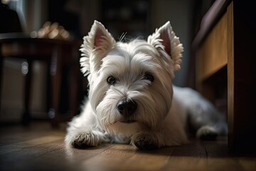 West Highland White Terrier resting on the floor beneath the table. Generative AI
