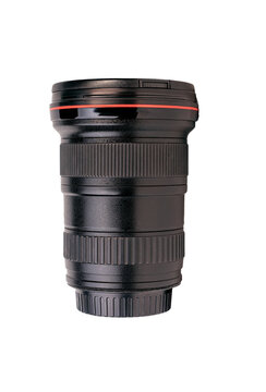Wide-angle lens of professional camera, side view. Photo zoom lense 16 35 mm isolated on white background