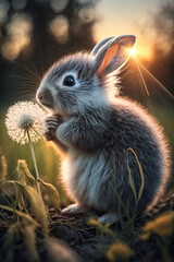 Obraz premium Hasenbaby schnuppert an einer Blume, ki generated