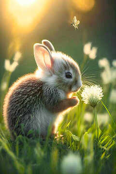 Hasenbaby schnuppert an einer Blume, ki generated