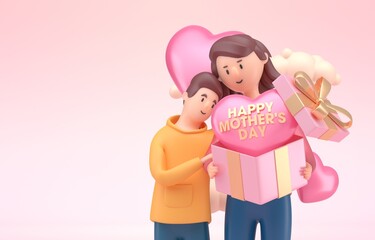Mother with her Son Open a Gift. 3D Illustration