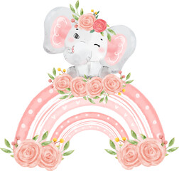 Cute baby elephant  sitting on pink rainbow nursery cartoon character animal watercolor 
