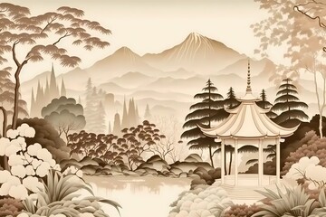 Beautiful landscape of mountains with gardens and flowers by chinese style. Beige, pastel colors. High quality illustration
