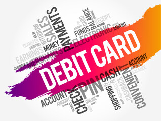 Debit Card is a payment card that can be used in place of cash to make purchases, word cloud concept background