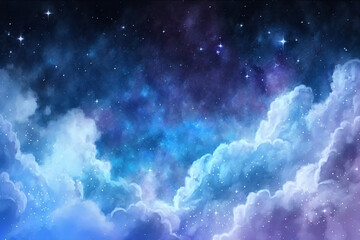 Blue Shining starry sky Universe with Fluffy clouds Watercolor style background generative Ai