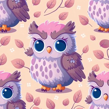 Abstract hand drawn pattern with cute baby owls. High quality illustration