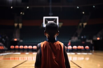 A black child with their back turned, wearing sports clothing, looks at a basketball hoop in a basketball court Concept: Chasing your dreams - obrazy, fototapety, plakaty