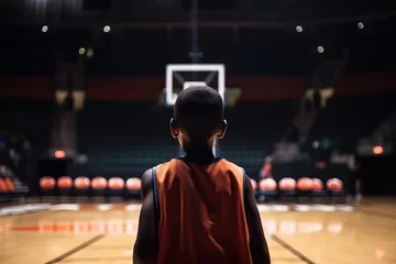 Fotobehang A black child with their back turned, wearing sports clothing, looks at a basketball hoop in a basketball court Concept: Chasing your dreams © David