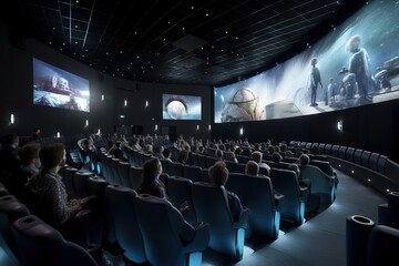 A futuristic cinema full of people to watch a 3d movie. Concept: Family plans. Generative ai