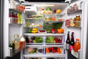 A vegan refrigerator or fridge full of vegetables and fruits ready to start a diet. Concept: Vegetables contributes of healthy diet. Generative ai.