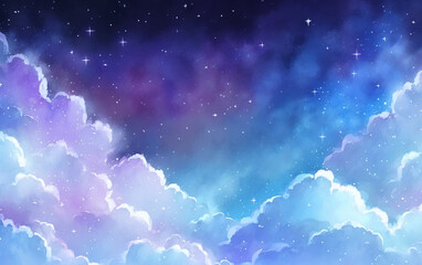 Obraz na płótnie Canvas Blue Shining starry sky Universe with Fluffy clouds Watercolor style background generative Ai