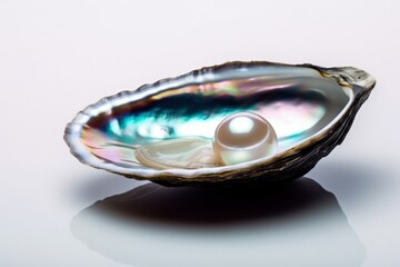 Macro closeup of isolated oyster shell with imperfect pearl inside, white background, fleshy meat inside, detailed oval shaped mollusk - generative ai