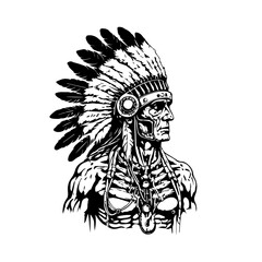 Bold and striking Hand drawn line art illustration of an Indian American chief head, showcasing strength, wisdom, and cultural heritage