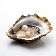 Macro closeup of isolated oyster shell with imperfect pearl inside, white background, fleshy meat inside, detailed oval shaped mollusk - generative ai