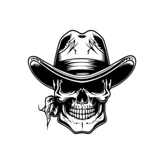 Smiling skull wearing cowboy hat  a Hand drawn illustration depicting a skull with a wide grin and a cowboy hat, full of character and personality