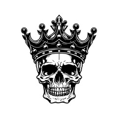 A collection of Hand drawn, black and white line art illustrations featuring a smiling skull wearing a regal crown