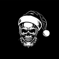 A festive touch to the iconic skull head, this Hand drawn illustration features a smile skull wearing a Santa Claus hat. Perfect for the holiday season