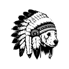  bear wearing an Indian chief's headgear in a Hand drawn line art illustration