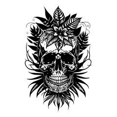 A skull head adorned with intricate flowers and leaves, depicted in a detailed black and white line art hand drawn illustration