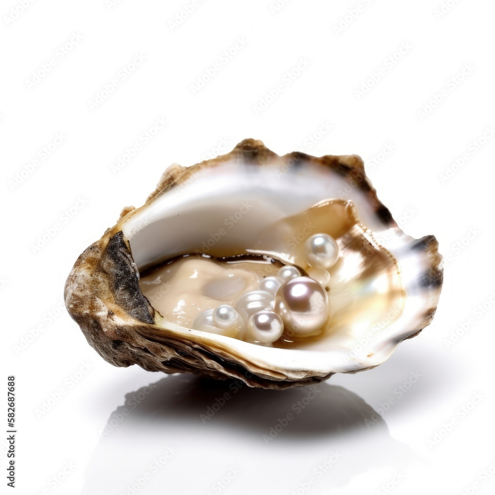 Sticker Macro closeup of isolated oyster shell with imperfect pearl inside, white background, fleshy meat inside, detailed oval shaped mollusk - generative ai