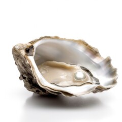 Naklejka premium Macro closeup of isolated oyster shell with imperfect pearl inside, white background, fleshy meat inside, detailed oval shaped mollusk - generative ai