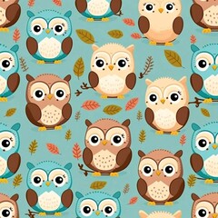 Abstract hand drawn pattern with cute baby owls. High quality illustration