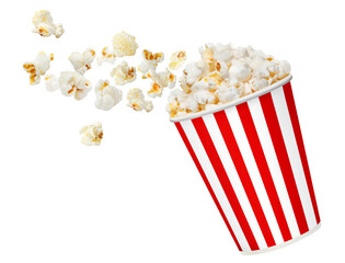 Delicious popcorn flying out of red striped carton cup, cut out