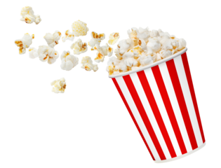 Delicious popcorn flying out of red striped carton cup, cut out