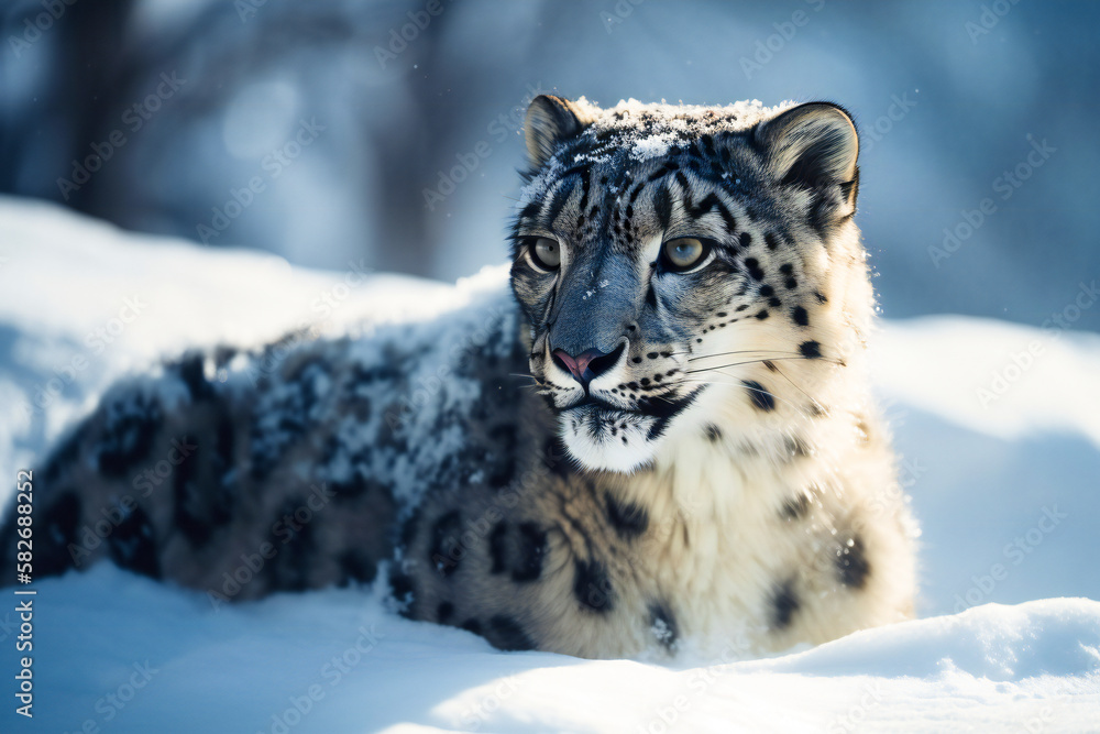 Aufkleber snow leopard in winter. created with generative ai technology.