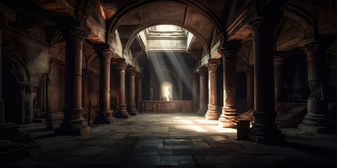 Ancient ruins, sacred space, light streaming in, digital illustration, AI generated - obrazy, fototapety, plakaty