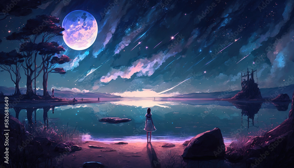 Canvas Prints a person standing in front of a lake at moonlight, night scene, generative ai technolgy