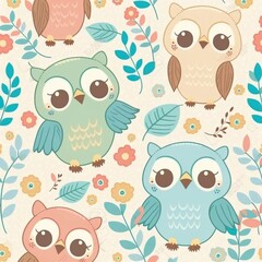Obraz premium Abstract hand drawn pattern with cute baby owls. High quality illustration