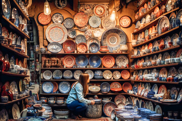 Richly ornate traditional plates in a middle east bazaar. Created with Generative AI technology.