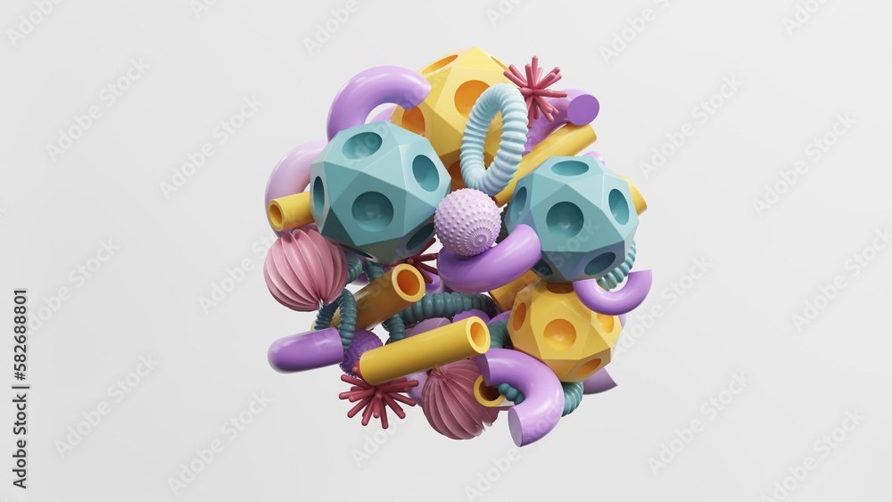 Aufkleber abstract geometric shapes in different colors - 3d render. set, composition in bright and pastel col