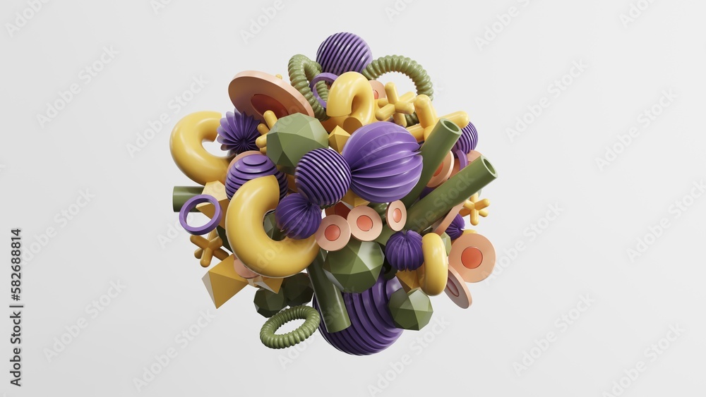 Poster abstract geometric shapes in different colors - 3d render. set, composition in bright and pastel col
