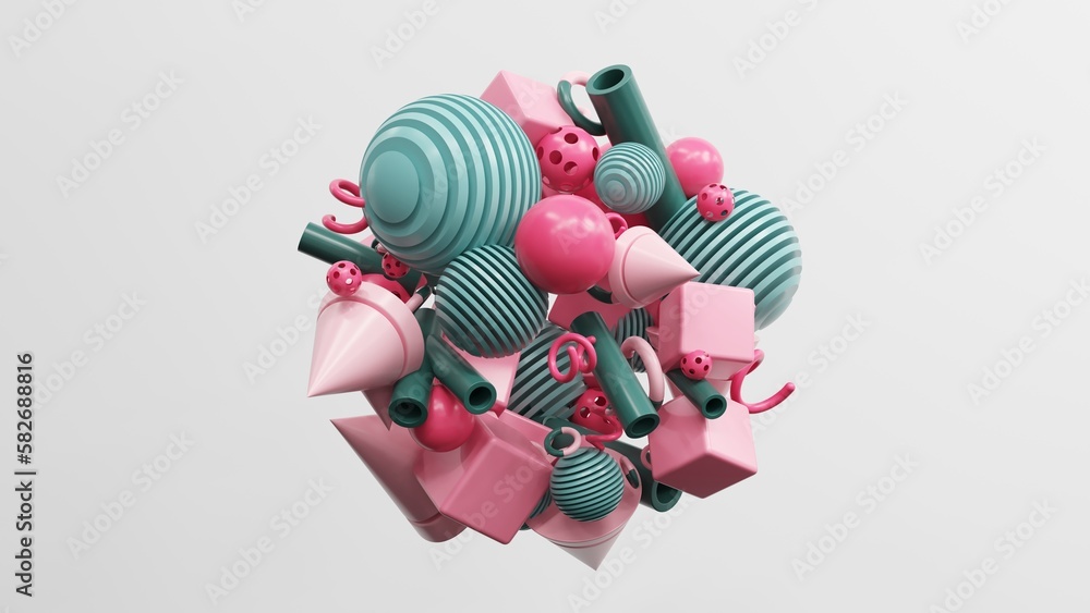 Aufkleber abstract geometric shapes in different colors - 3d render. set, composition in bright and pastel col