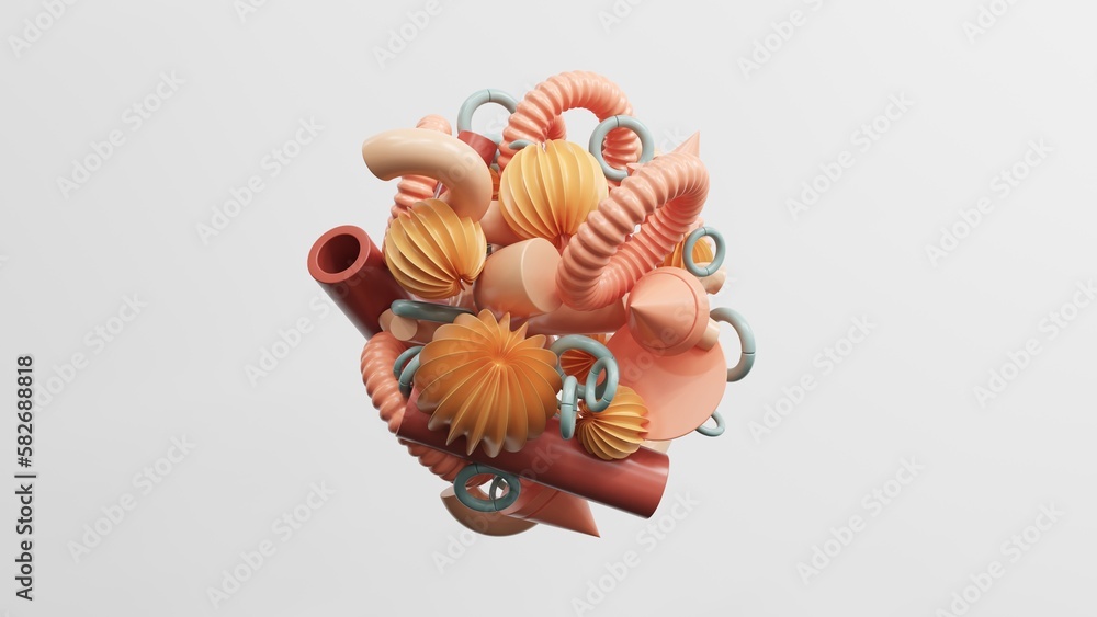 Poster abstract geometric shapes in different colors - 3d render. set, composition in bright and pastel col