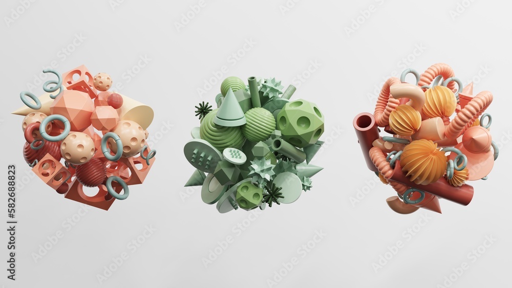 Poster abstract geometric shapes in different colors - 3d render. set, composition in bright and pastel col