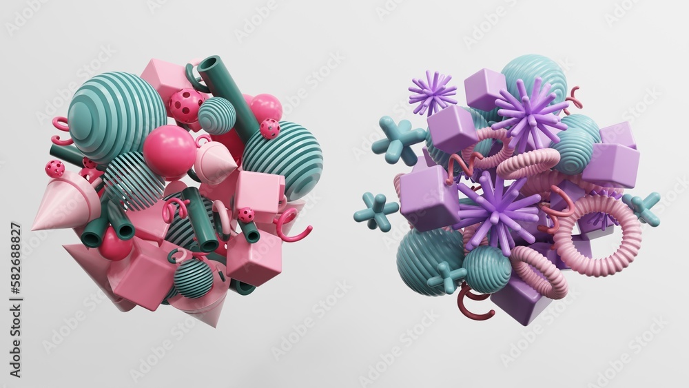 Aufkleber abstract geometric shapes in different colors - 3d render. set, composition in bright and pastel col