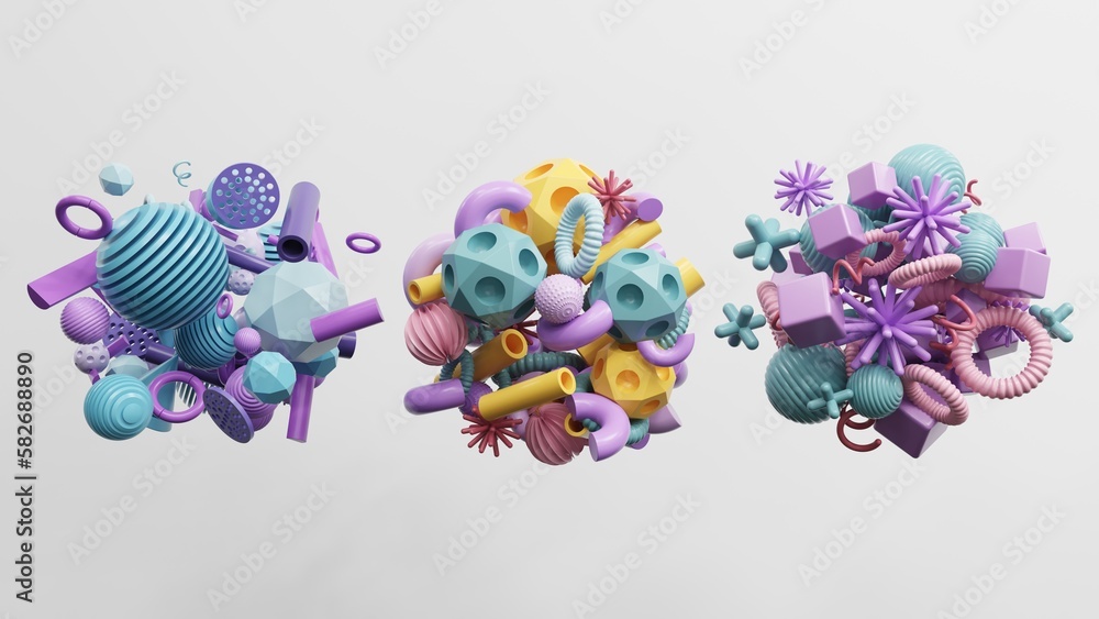 Poster abstract geometric shapes in different colors - 3d render. set, composition in bright and pastel col