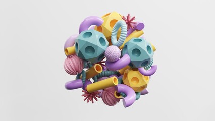 Abstract geometric shapes in different colors - 3d render. Set, composition in bright and pastel colors from objects, figures, primitives. Minimal banner, background for presentation and advertising. 