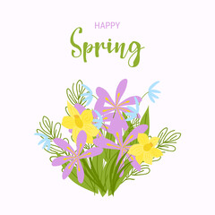 A beautiful bouquet of colorful spring flowers. Design of a postcard, banner, poster, invitation. Vector illustration.