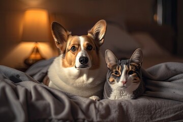 At home, a Pembroke Welsh Corgi dog and a gray kitten sit together on a bed under a cozy blanket. Generative AI