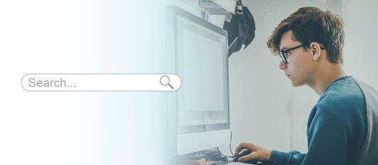 Searching data on internet concept. Working at computer desk Finding information online. Search bar