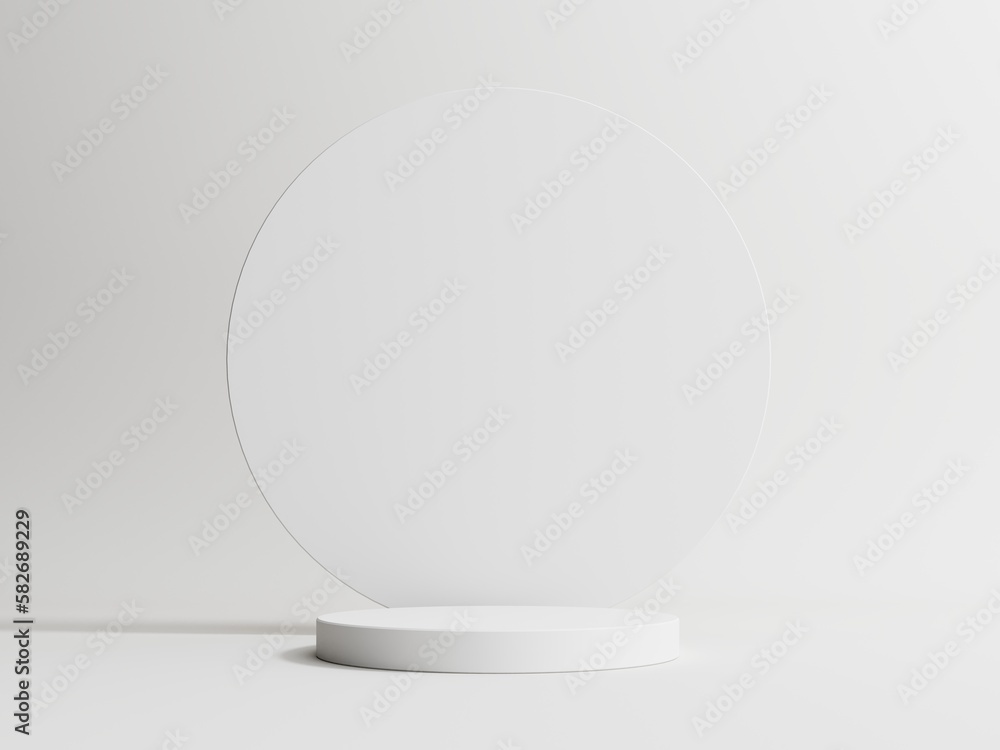 Poster 3d render podium, showcase on white background with copy space. mock up for the exhibitions, present