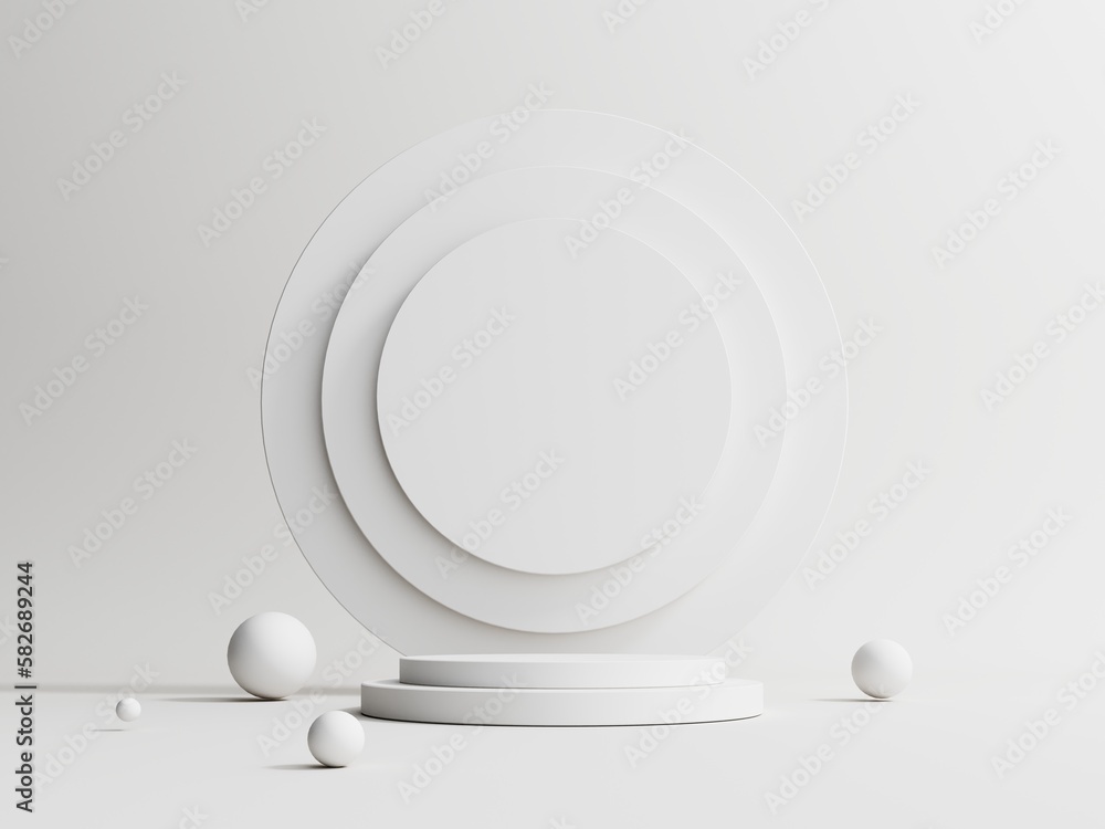 Poster 3d render podium, showcase on white background with copy space. mock up for the exhibitions, present