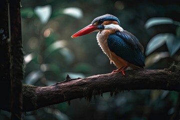 Fototapeta premium In its natural habitat, a stork billed kingfisher (Pelargopsis capensis) perches on a tree branch. Generative AI